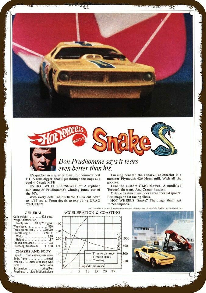 1970 HOT WHEELS 426 HEMI CUDA Snake Don Prudhomme DECORATIVE REPLICA METAL SIGN 