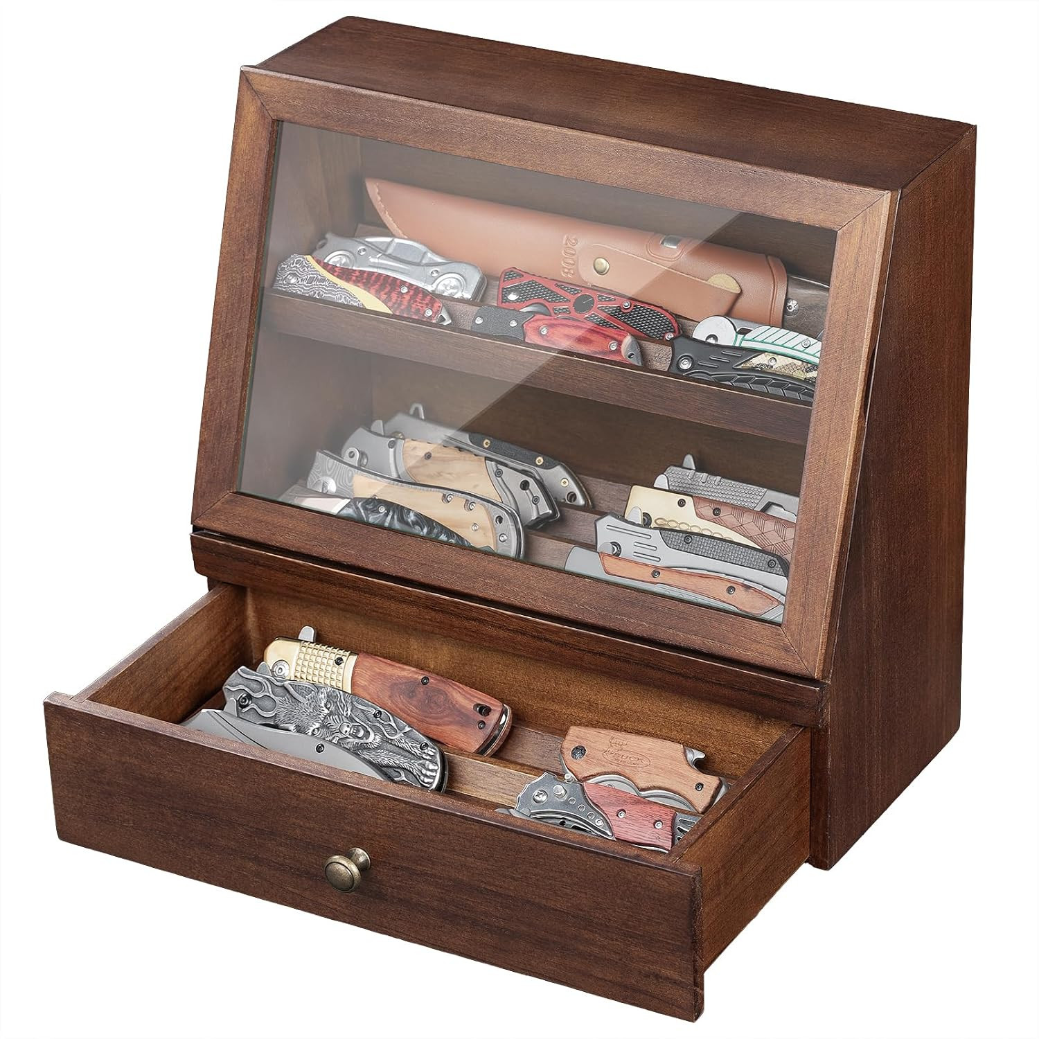 Pocket Knife Display Case for 22–30 Folding Knives, Drawer with Removable Displa