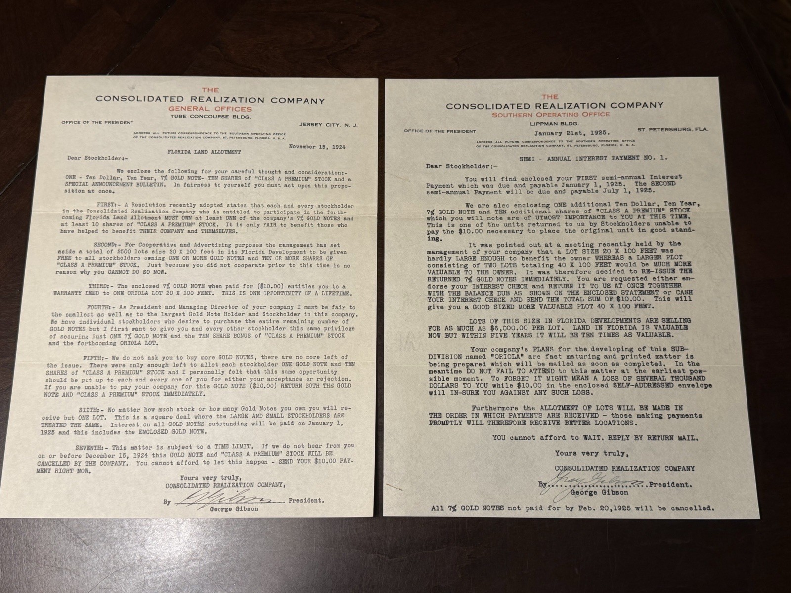 1924-1925 Florida Land Boom Ephemera Letters Consolidated Realization Co (2) 