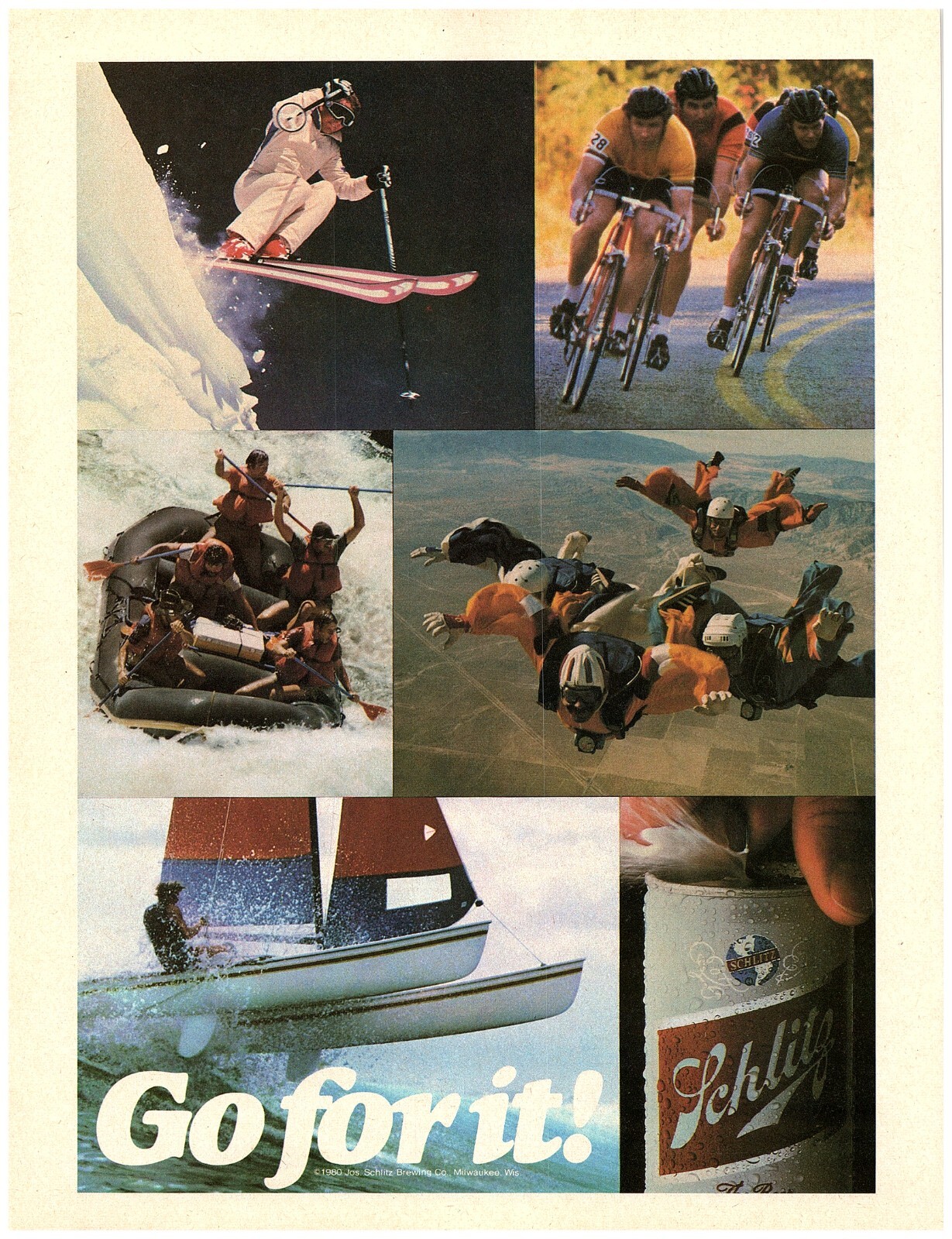1980 Schlitz Beer Print Ad, Go For It Outdoor Sports Sky Dive Ski Rafting Boat