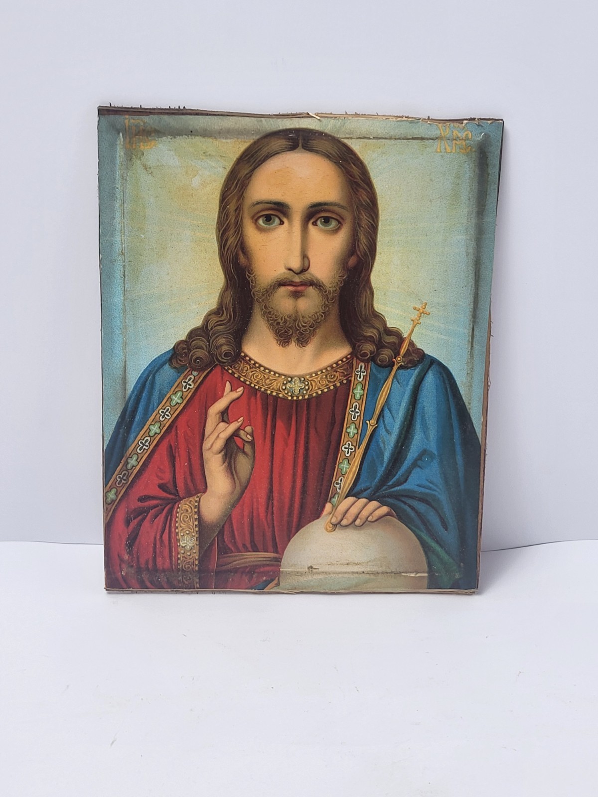 Vintage Icon Lithography On An Old Board of Christ Almighty Ukraine Rare 18x22.5