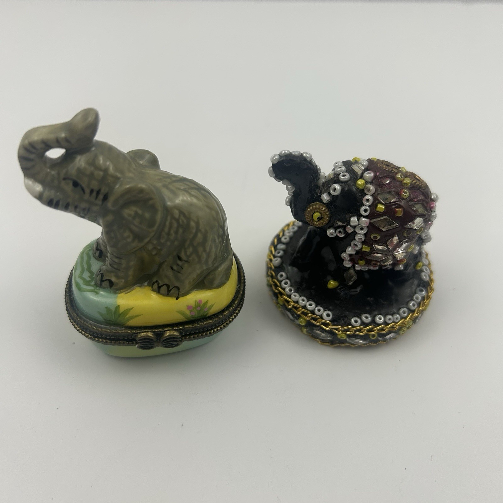 Lot of 2 Vintage Elephant Figurines: Bejeweled Indian & Porcelain Trinket Box
