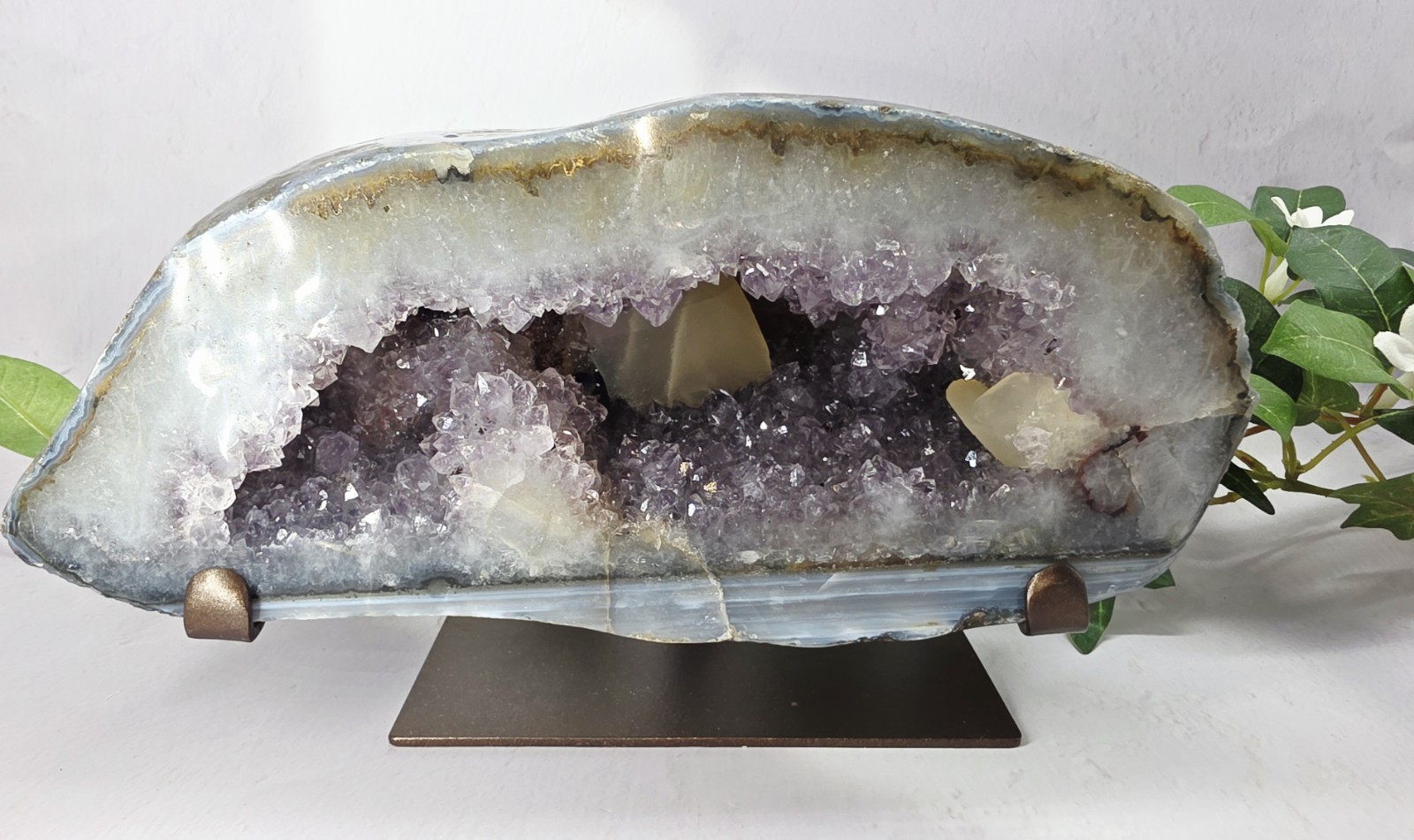 XL Uruguay Amethyst Geode with Calcite & Red Mica on Custom Metal Stand | Polish