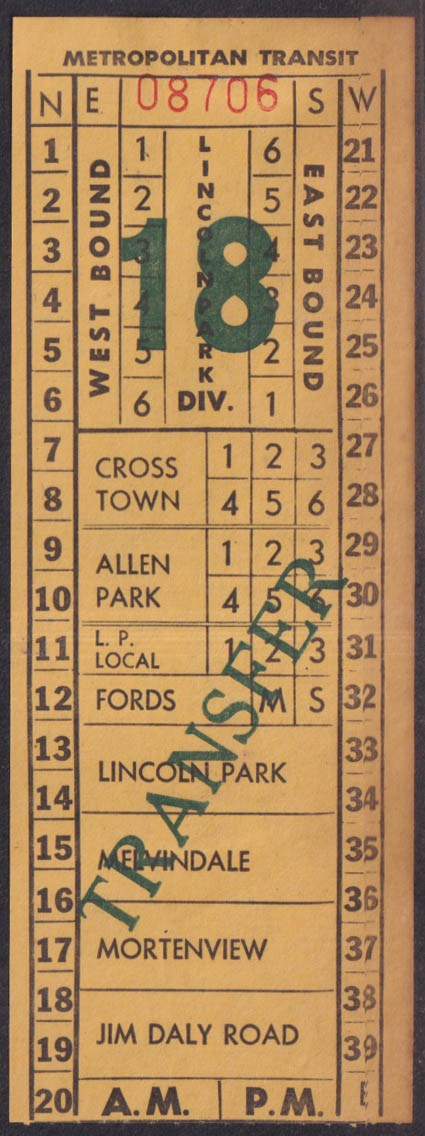 Metropolitan Transit transfer Wayne MI Cross Town-Jim Daly Road