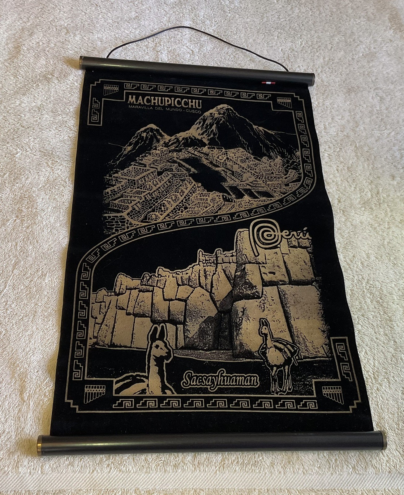 Peru Machu Picchu Wall Scroll Tapestry Sacsayhuaman Decor Black.  11” x 18.7”