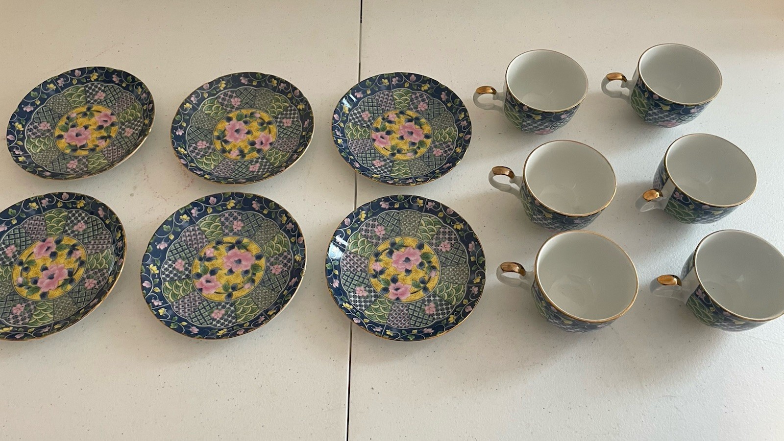 6-Vintage Gump's San Francisco Botan Imari Blue Cups & Saucers - Gold Trim