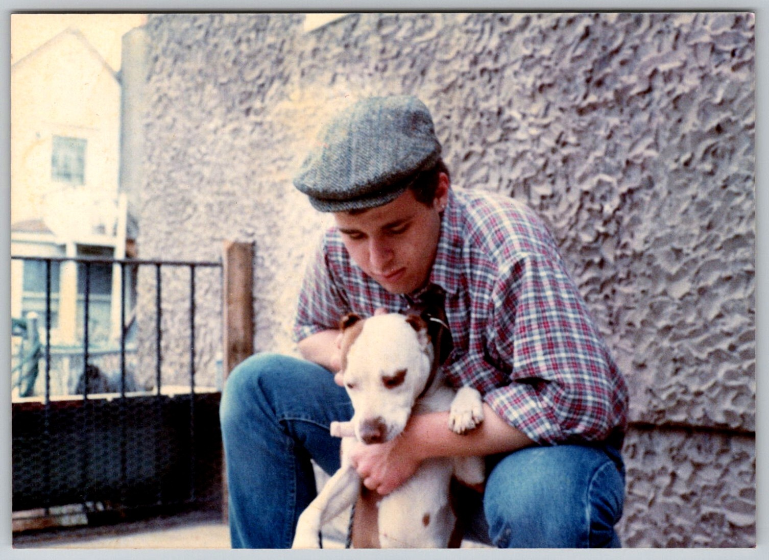 Vtg Color Snapshot Young Man Flat Cap Plaid Shirt Holding Dog Outdoors 1990s