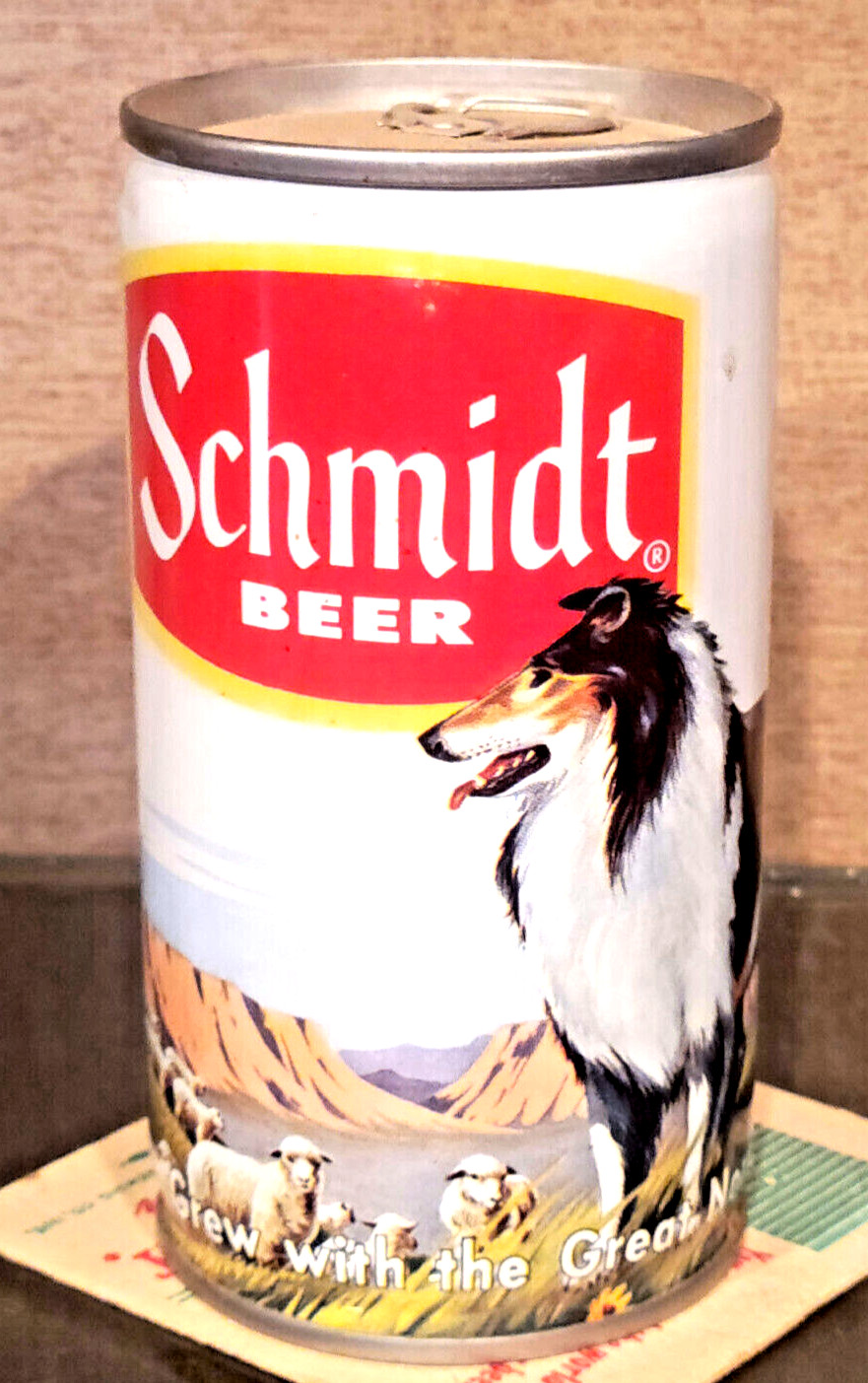 1972 BOTTOM OPEN SCHMIDT CRIMP STEEL PULL TAB BEER CAN HEILEMAN COLLIE DOG EMPTY