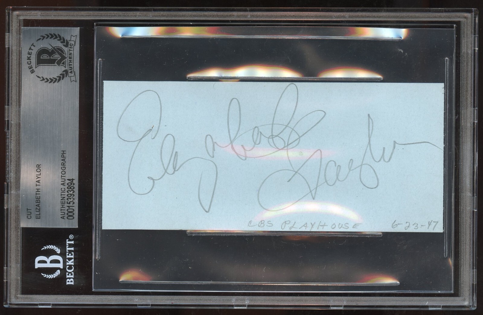 Elizabeth Taylor signed autograph on 6-23-47 at CBS Playhouse 2x5 cut BAS Slab
