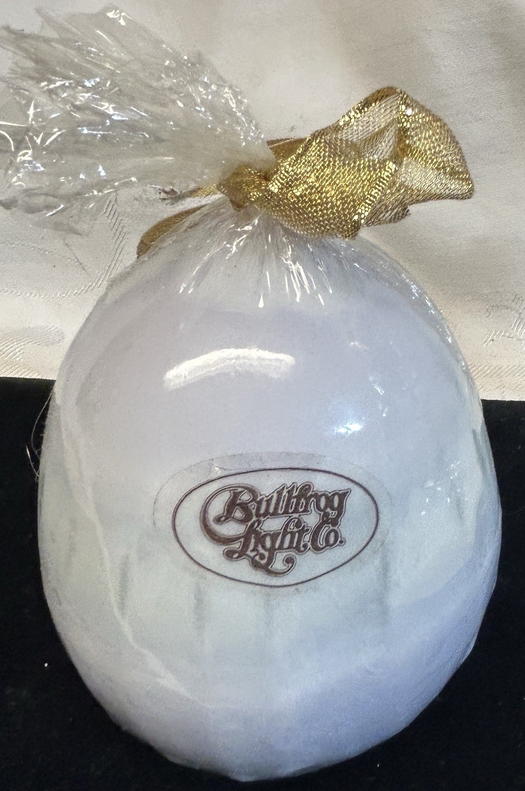 Bullfrog Light Company   Light BLUE EASTER EGG w original ribbon & Label  4 3/4\
