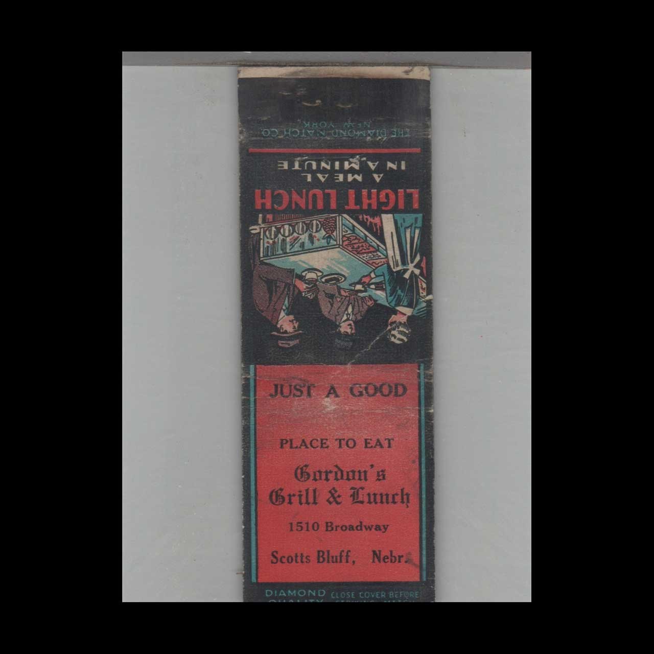 Matchbook Cover 1930s Diamond Quality Gordon's Grill & Lunch Scotts Bluff, NE