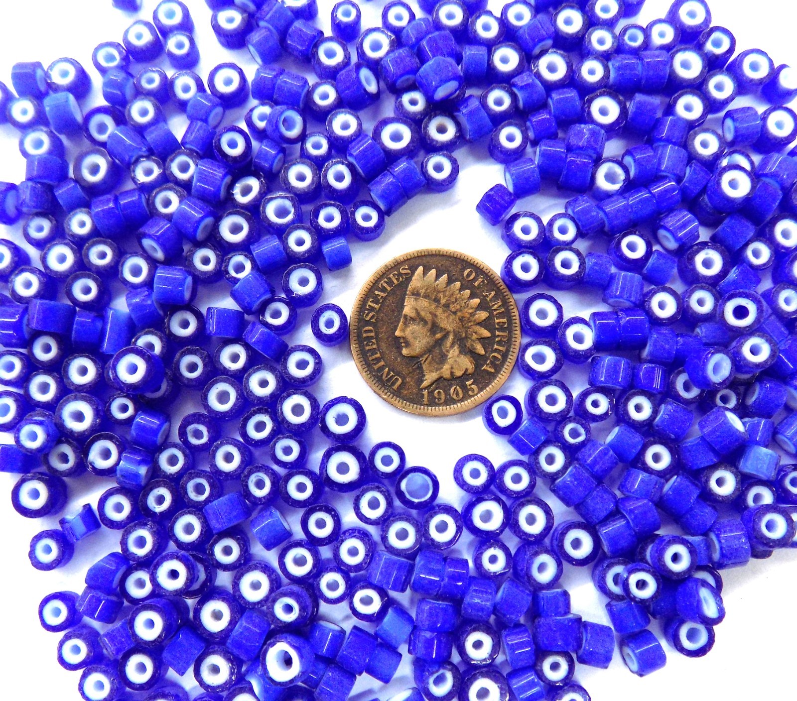 WHOLESALE  1/4 Pound Blue 3mm White Heart African Trade Beads 677 - 3
