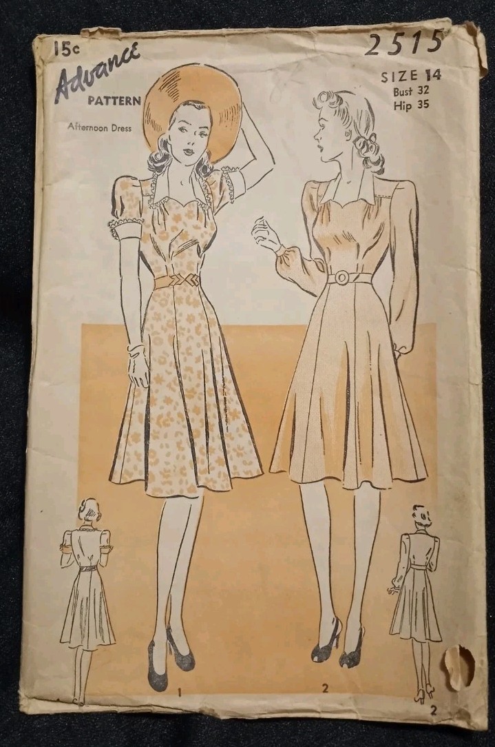 Vintage 1940s Advance Pattern Woman's Afternoon Dress #2515 Size 14 Complete