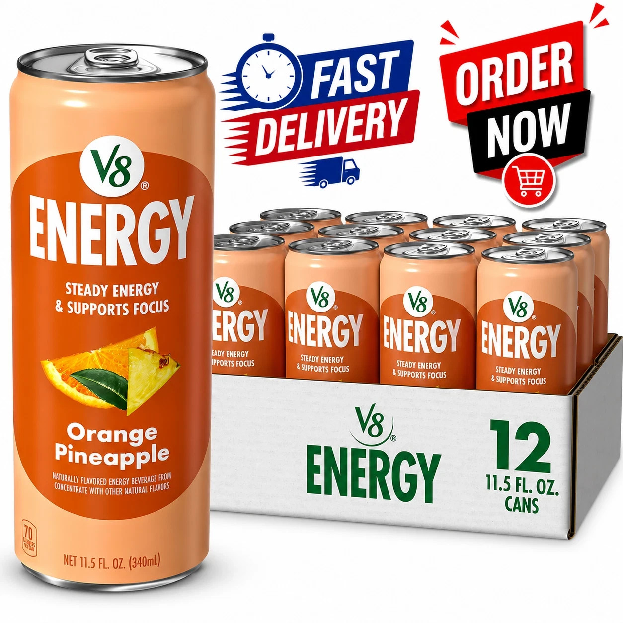 V8 +Energy Sparkling Orange Pineapple Juice Energy Drink 11.5 fl oz Can 12 Pack