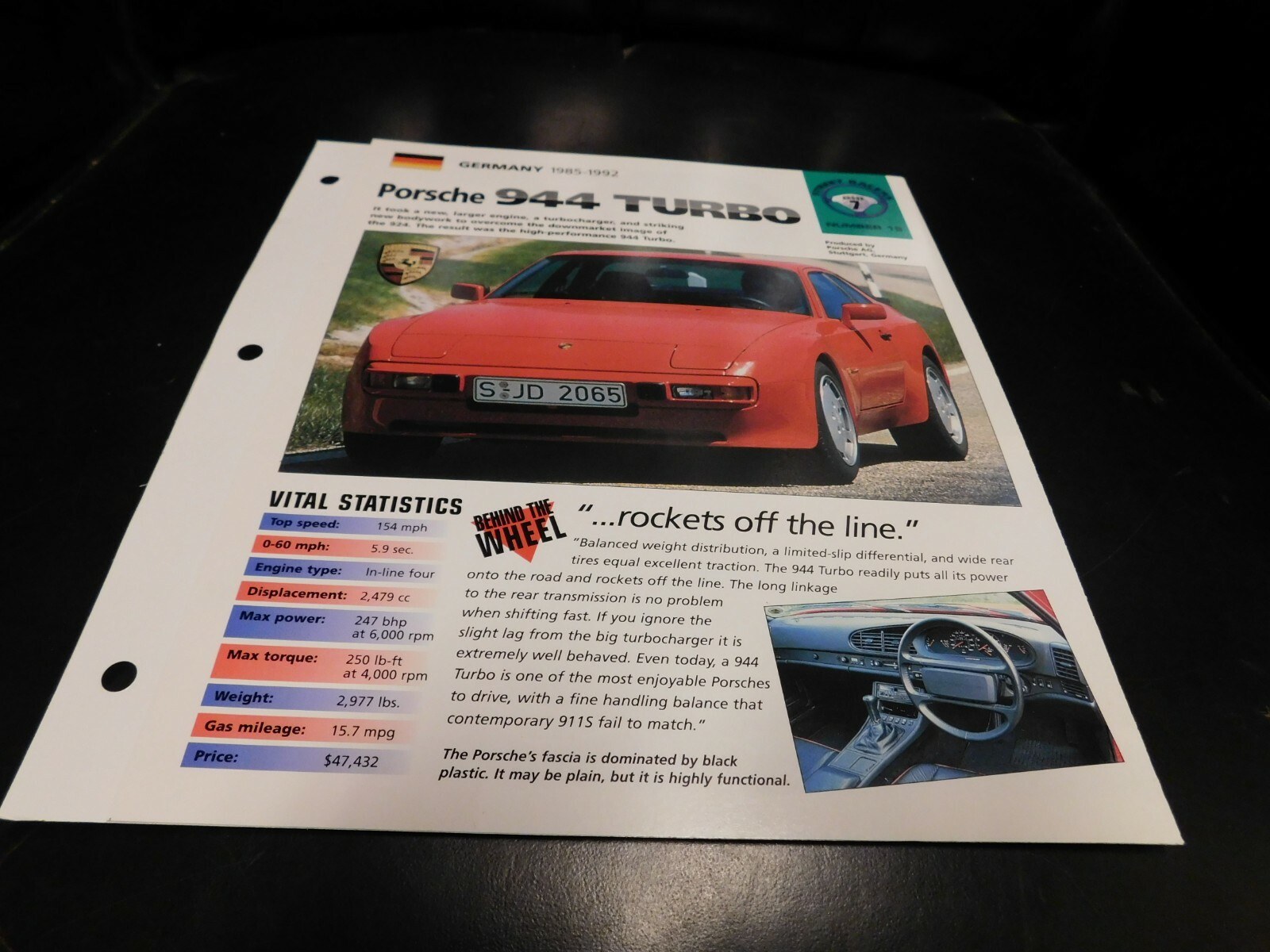 1985-1992 Porsche 944 Turbo Spec Sheet Brochure Photo Poster 86 87 88 89 90 91