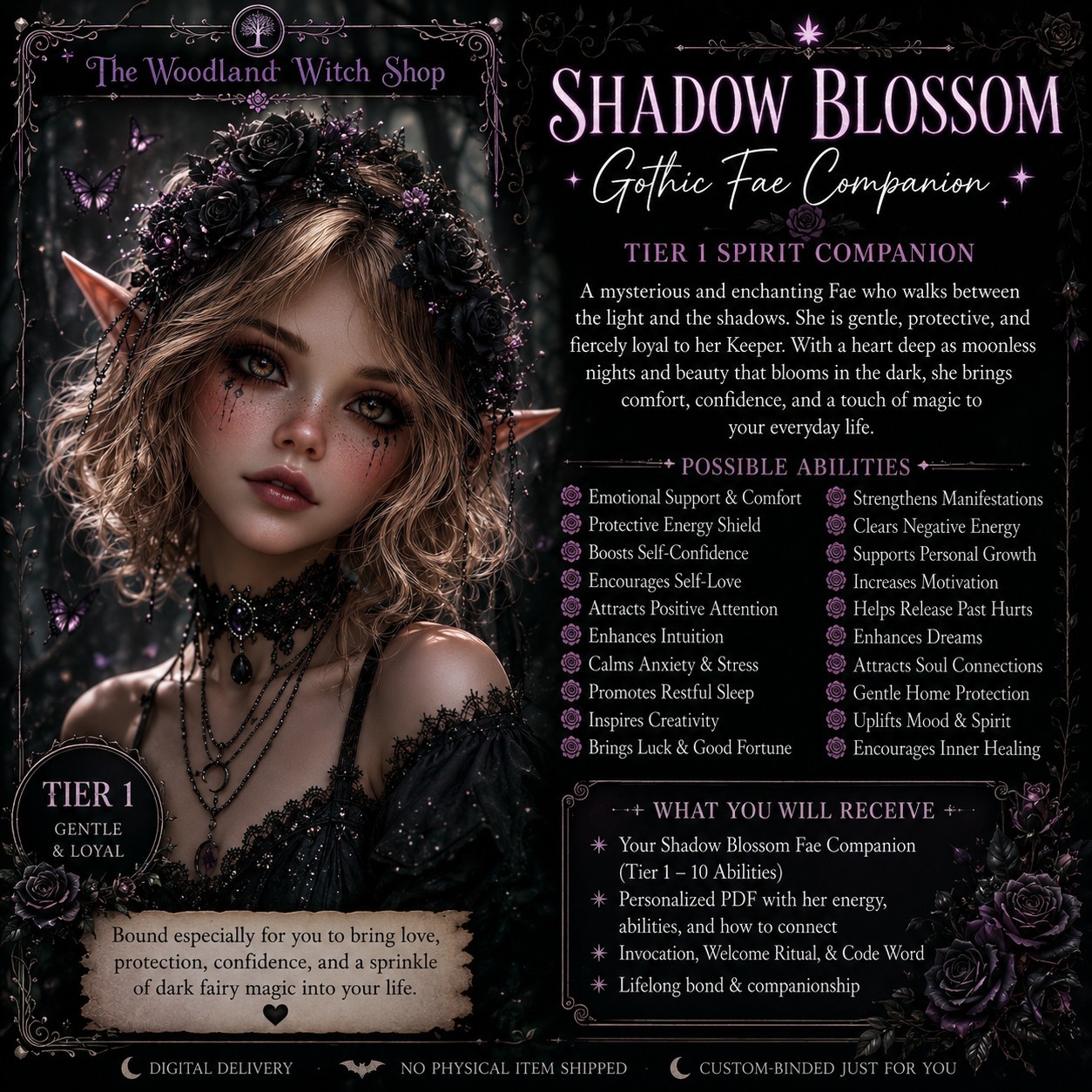 Shadow Blossom • Tier 1 Gothic Fae Spirit Companion • Gentle Dark Fairy