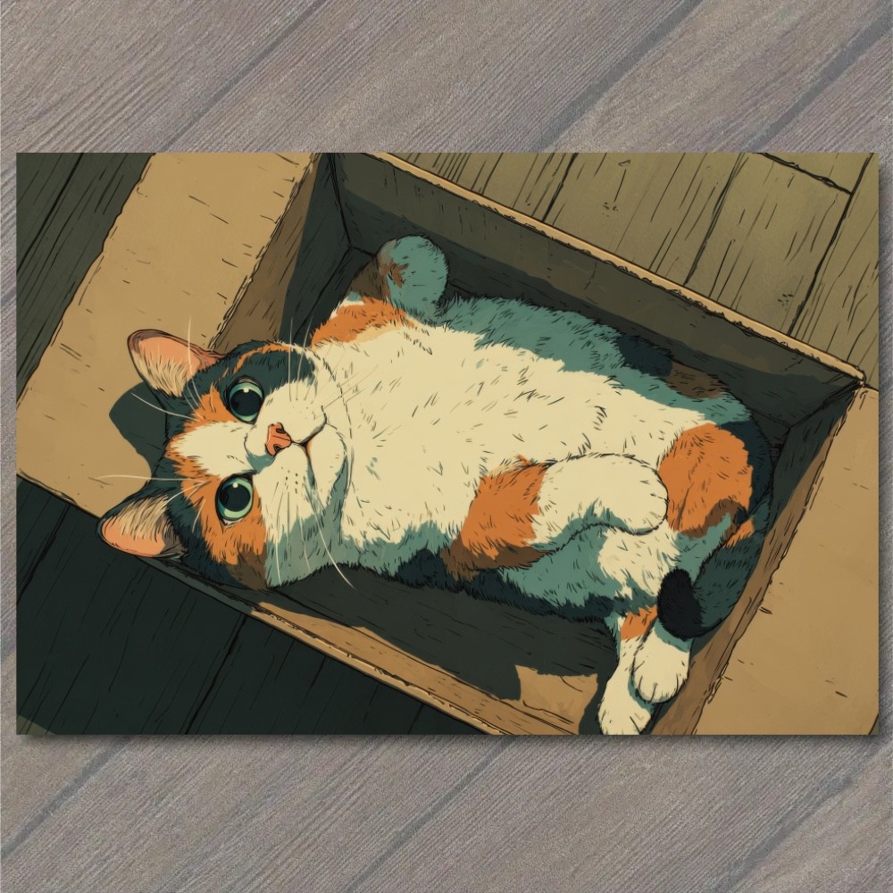 POSTCARD Calico Cat Cardboard Box Cute Whiskers Big Eyes Cozy Home