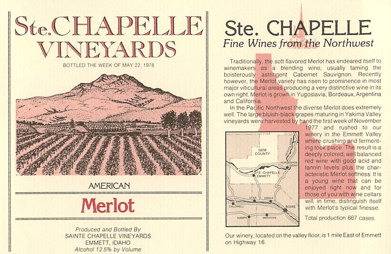 Ste Chapelle Vineyards Merlot Emmett ID 1970s 1978 Vtg Sainte Wine Label