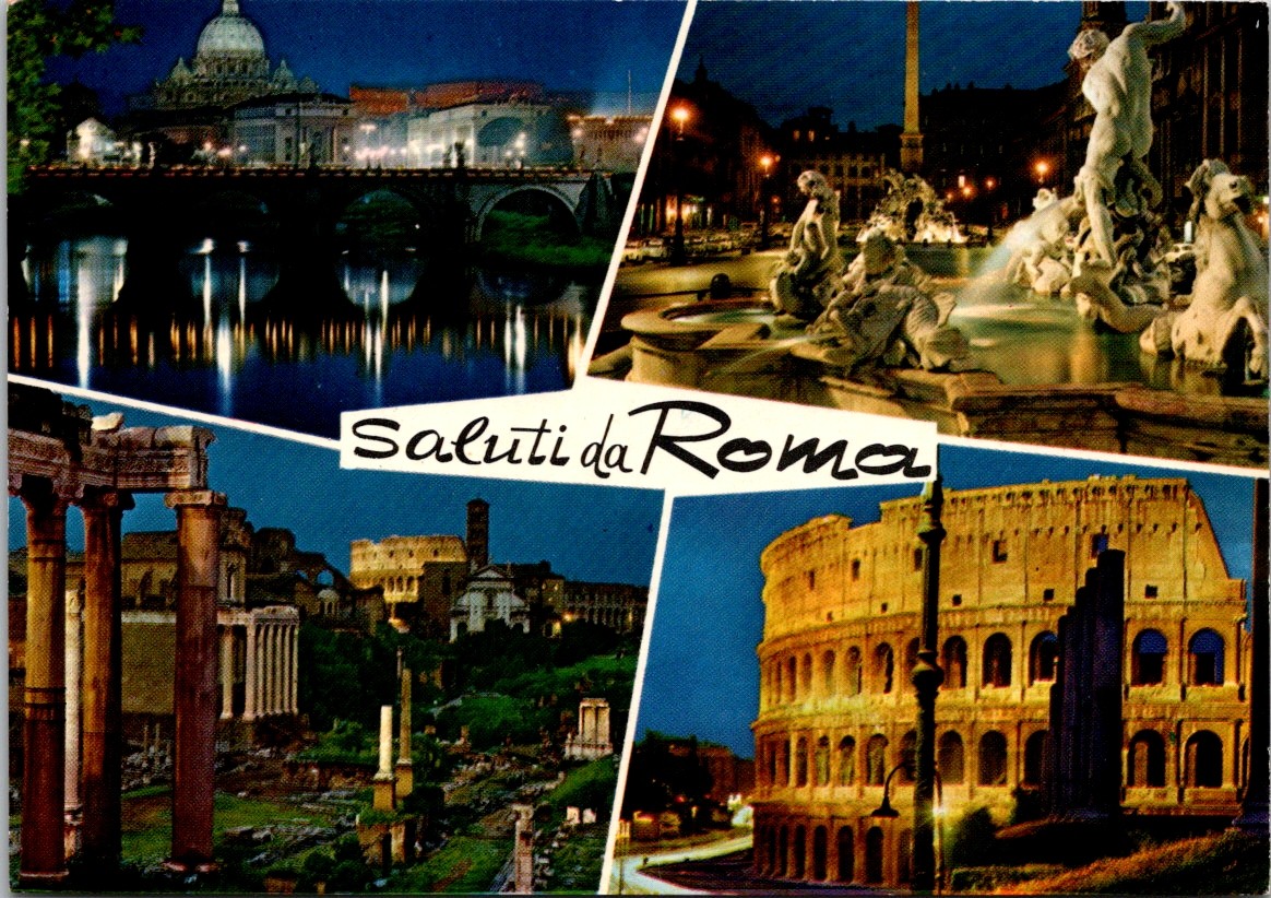 Postcard Saluti da Roma Multi-View Night Rome Italy Colosseum Trevi Fountain