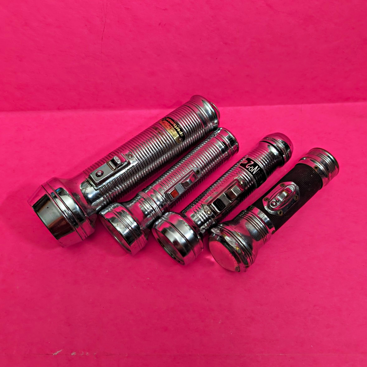 Vintage Lot Of 4 Chrome Metal Flashlights, Rayovac, Sportsman, Reston No. 2 Vol
