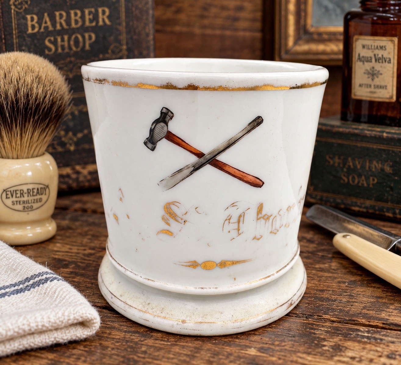 Antique Porcelain Carpenter Occupational Shaving Mug Hammer