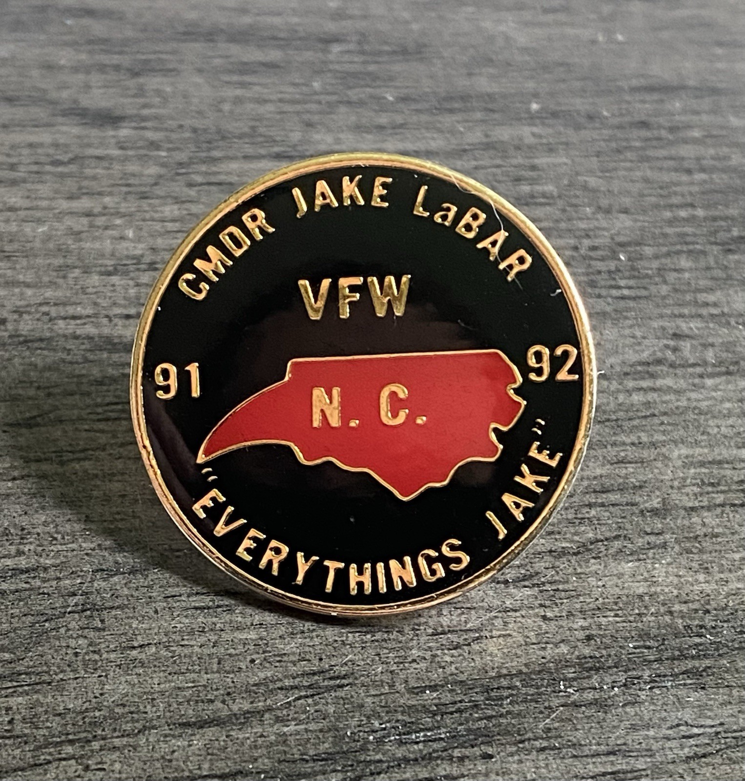 1991-1992 NC VFW North Carolina Cmdr Jake LaBAR Lapel Pin Vintage Veterans War