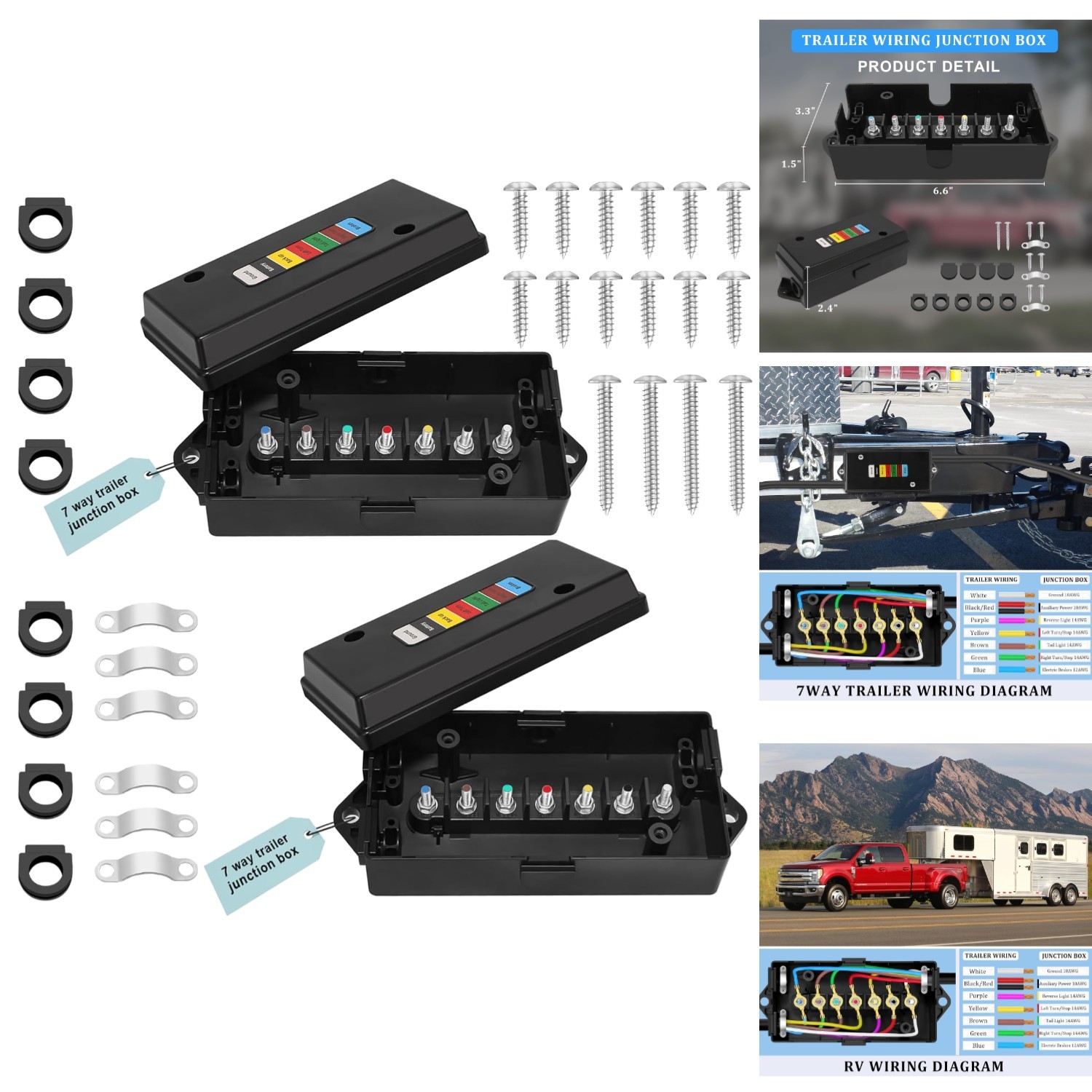 2PC 7 Port Trailer Electrical Junction Box Color Coded Terminal Studs Waterproof