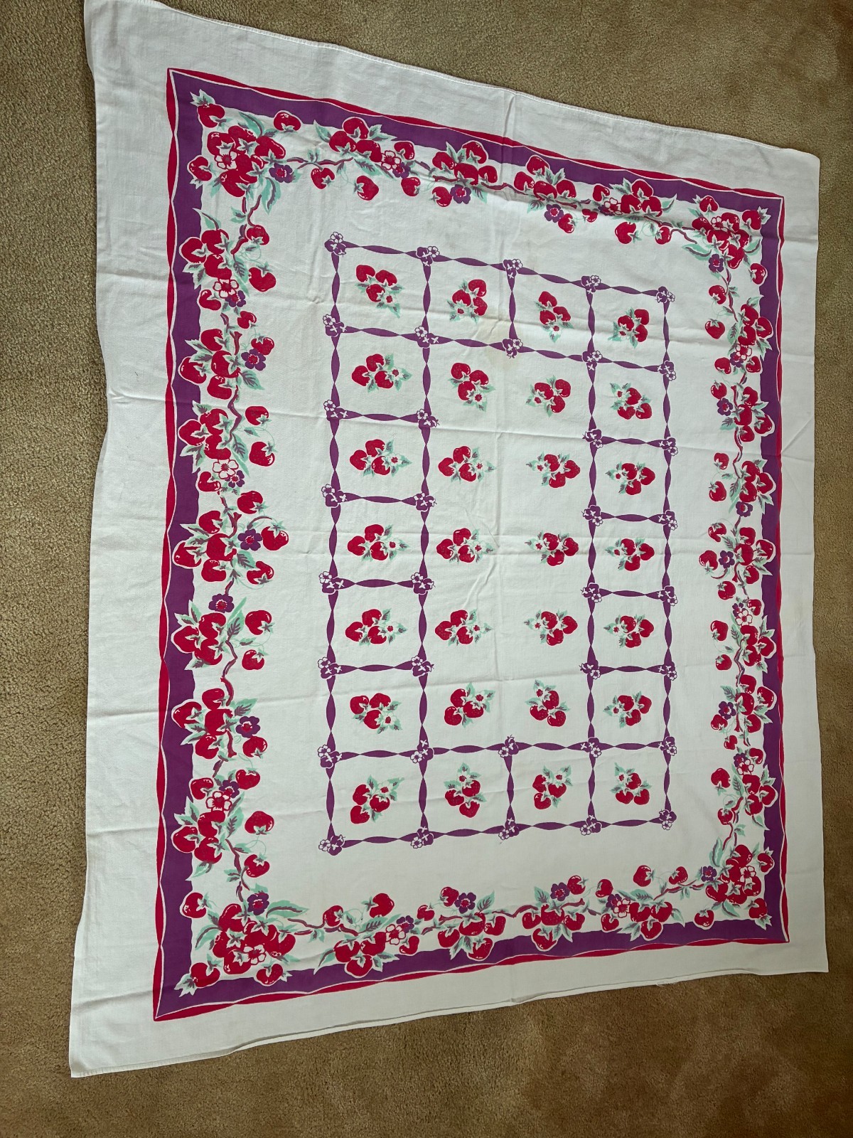 Vintage Strawberry Printed Tablecloth 52x60 ~Good Condition