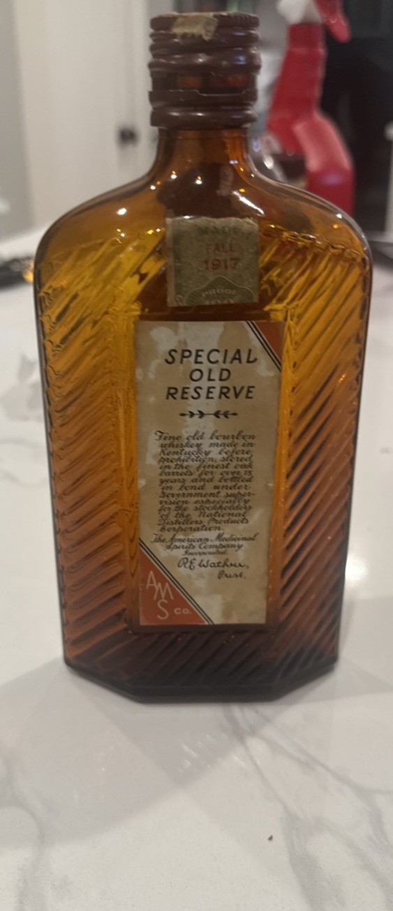 AMS Co 1917 Special Old Reserve Bourbon EMPTY Bottle prohibition era 