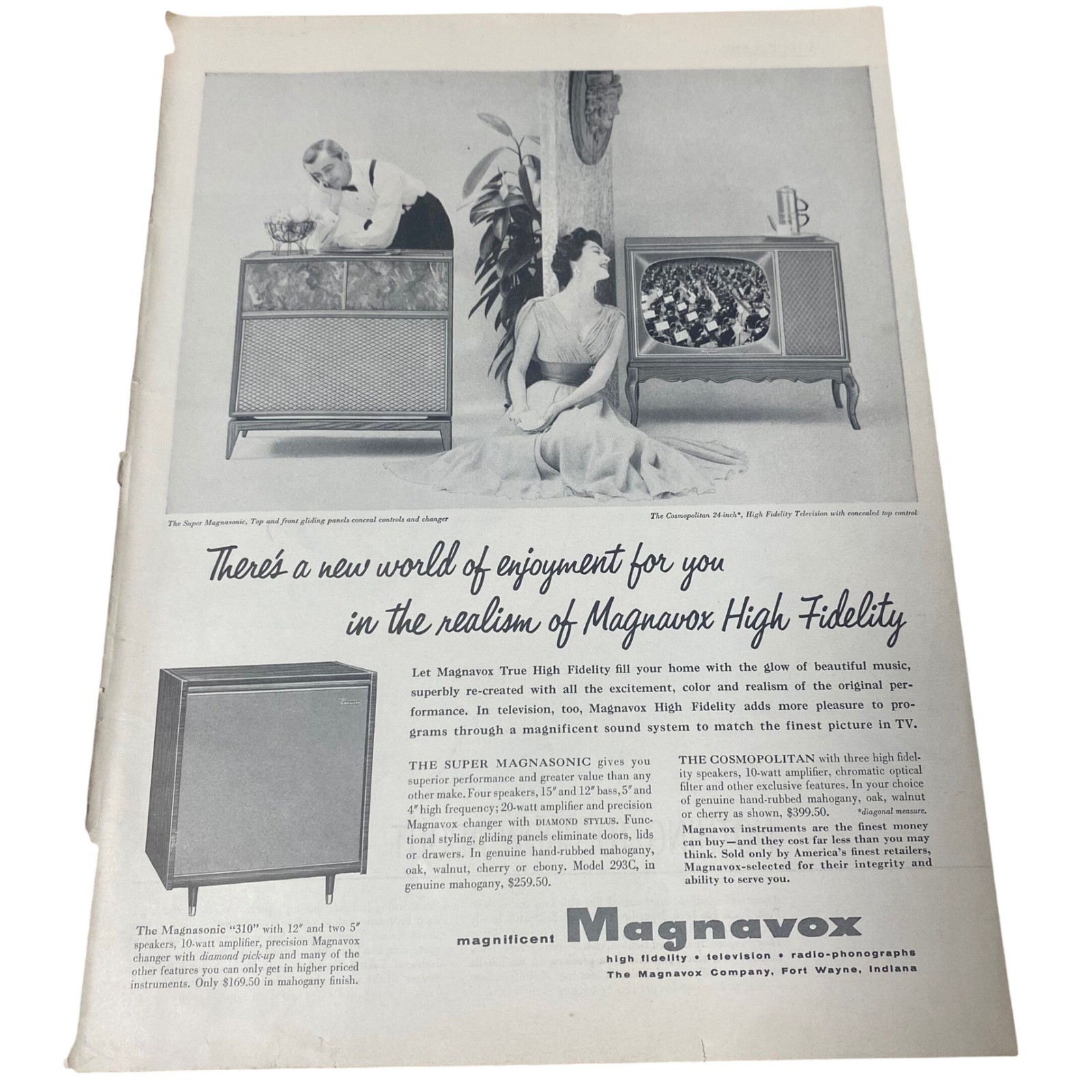 Vintage 1950s Magnavox High Fidelity TV Radio Phonograph Print Ad Magnasonic