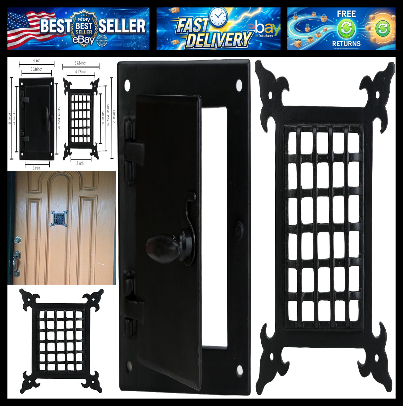 A29 Hardware Cast Iron Speakeasy Door Grill/Grille with Viewing Door, Black Powd