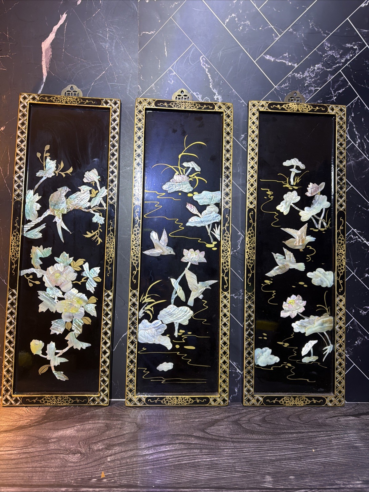 Vtg Chinese Black Lacquer Wall Panels Set 3 Mother Of Pearl Inlay 24”