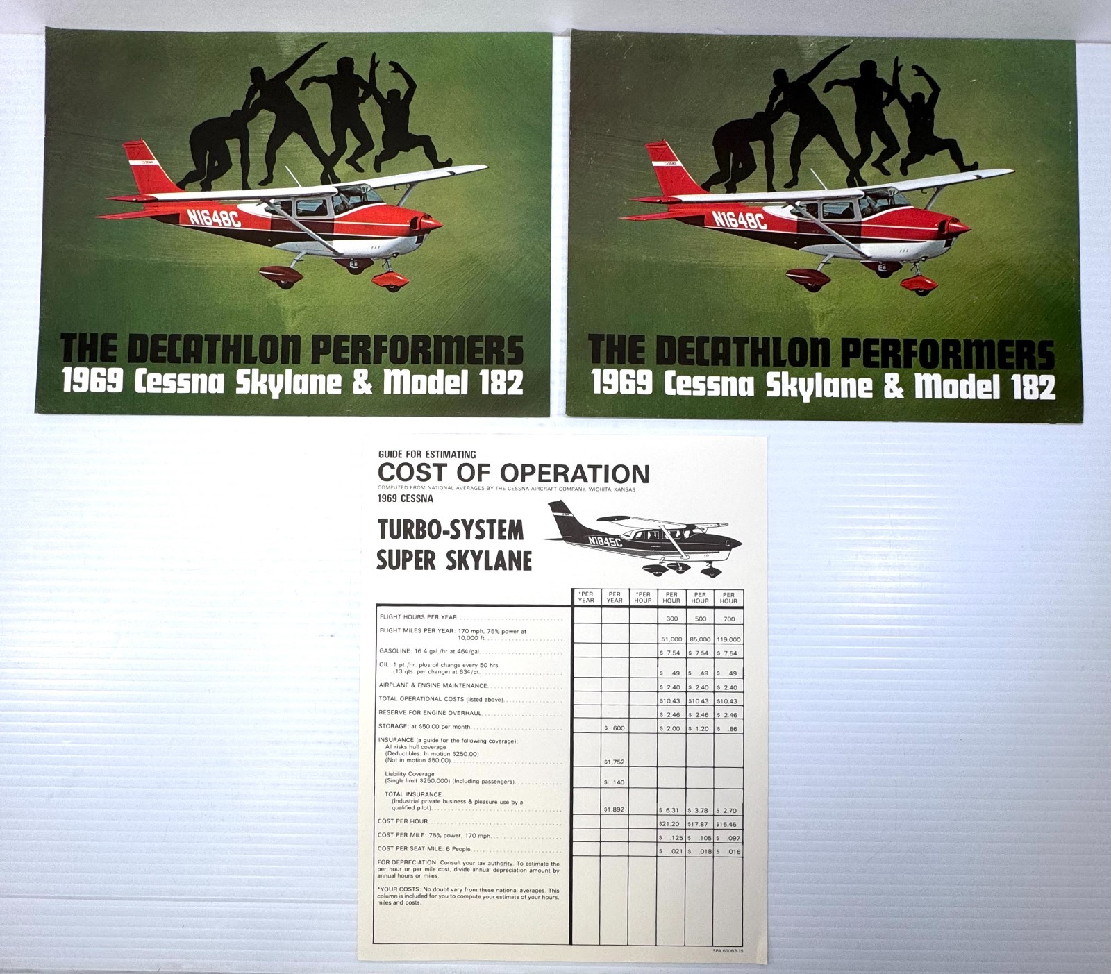 (2) Vintage 1969 Cessna Skylane & Model  182 Dealer Sales Brochures w/Cost Sheet