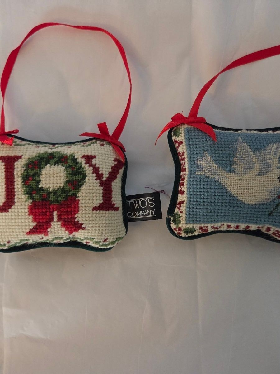 Two\'s Company Wool Needlepoint Christmas Ornaments Pair JOY Dove Cottagecore