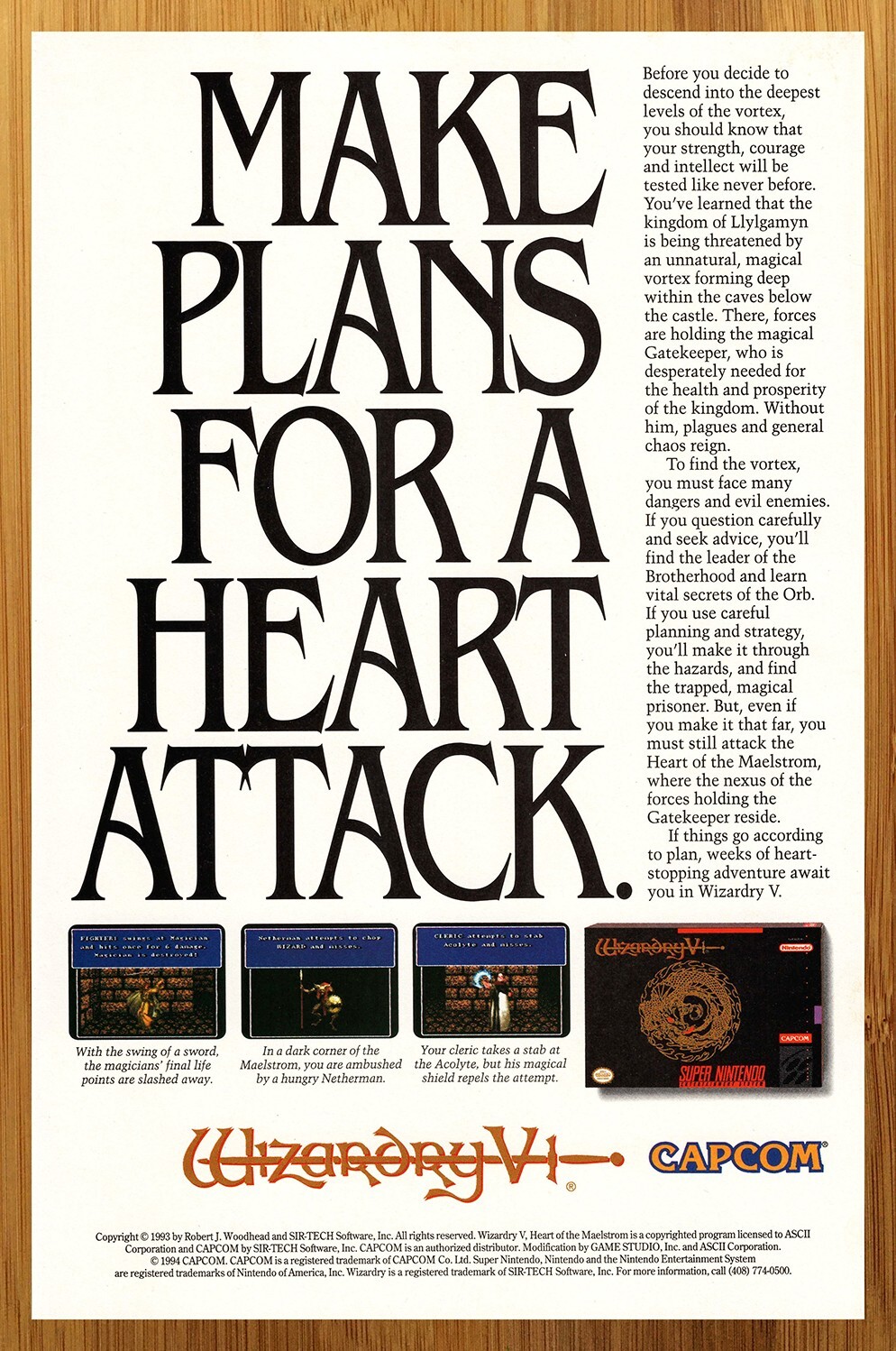 1994 Wizardry V 5 Heart of the Maelstrom SNES Print Ad/Poster Video Game Art
