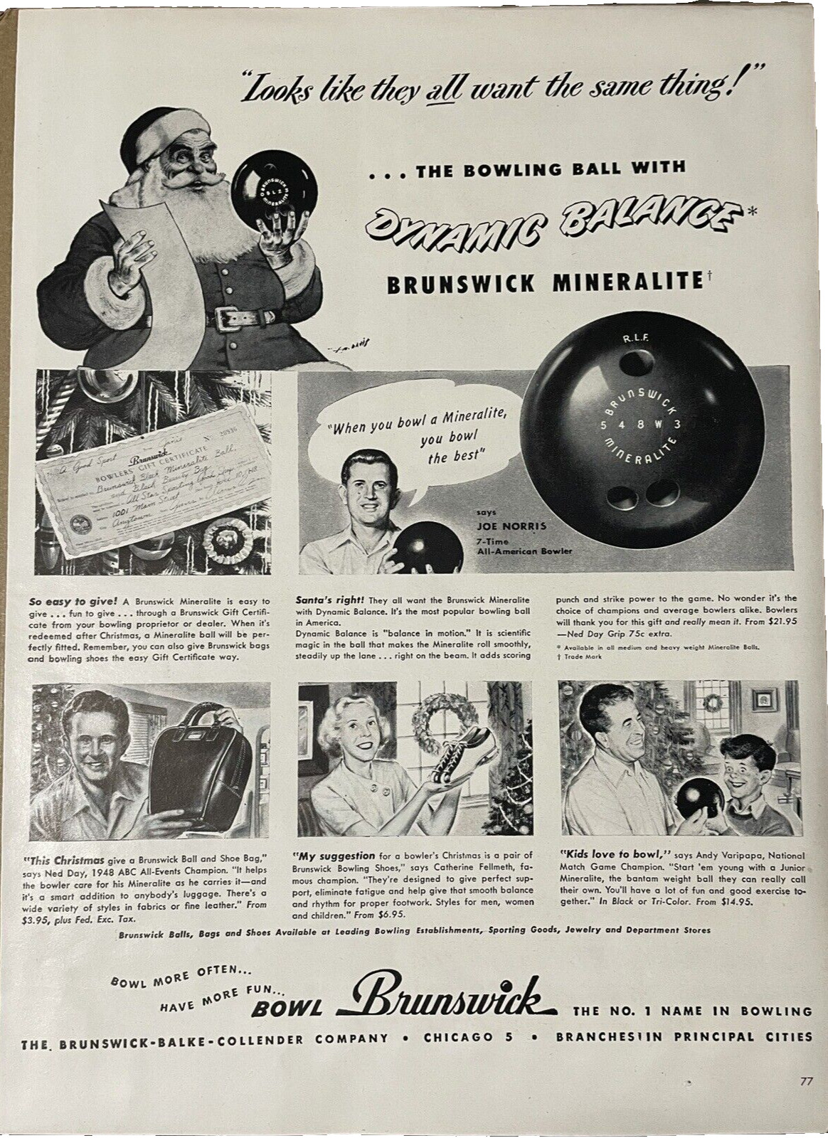 Brunswick Bowling Print Ad 1940's Santa Claus Vintage Joe Norris Chicago 14x10