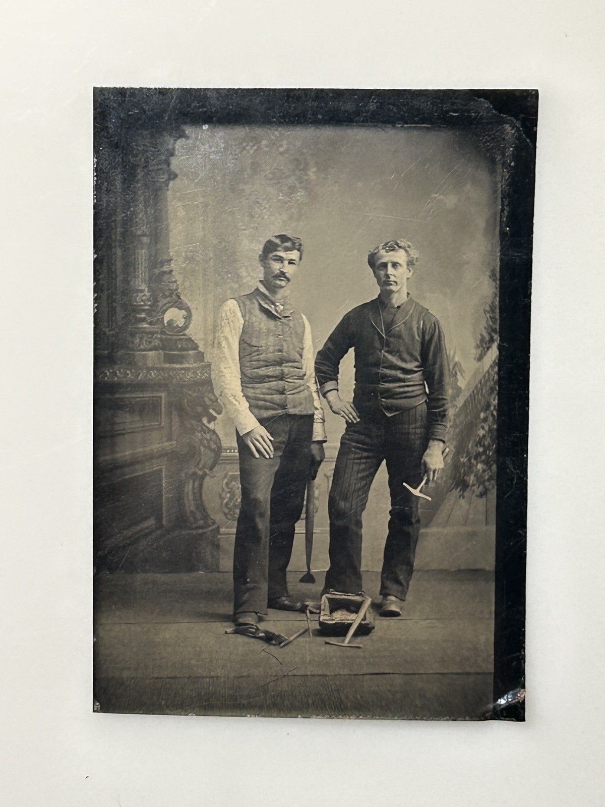 Antique 1800s Tintype Photo Two Working Men Laborers w Tools Occupational