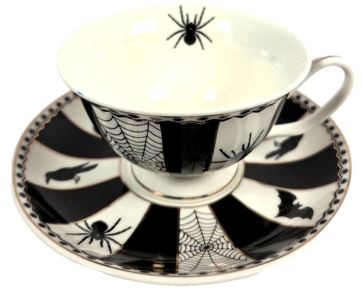 Park Chateau Halloween Tea Cup Saucer Set Spider Bat Raven Web Black Gold New