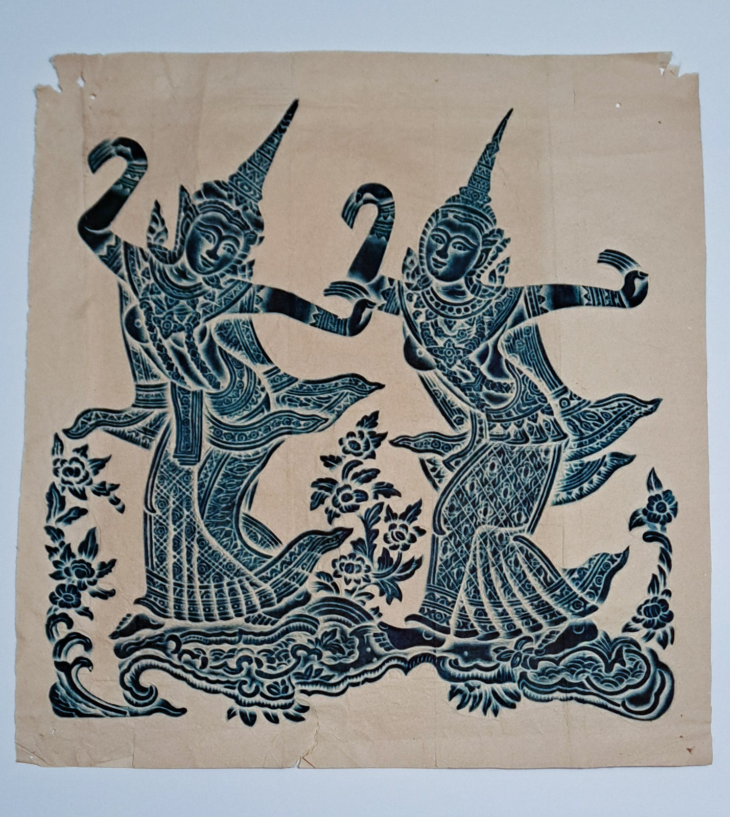 VTG Thai Temple Rubbing on Handmade Paper, Embossed Relief,Ramakien Dancers