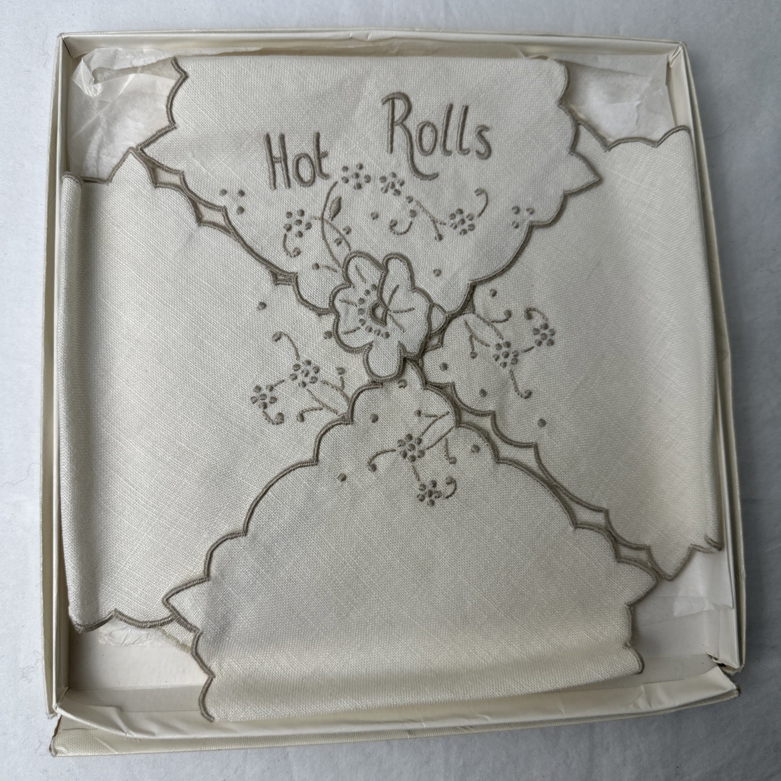 HOT ROLLS Bread Basket Liner Embroidered Linen Ecru Scallop Edge Needlework