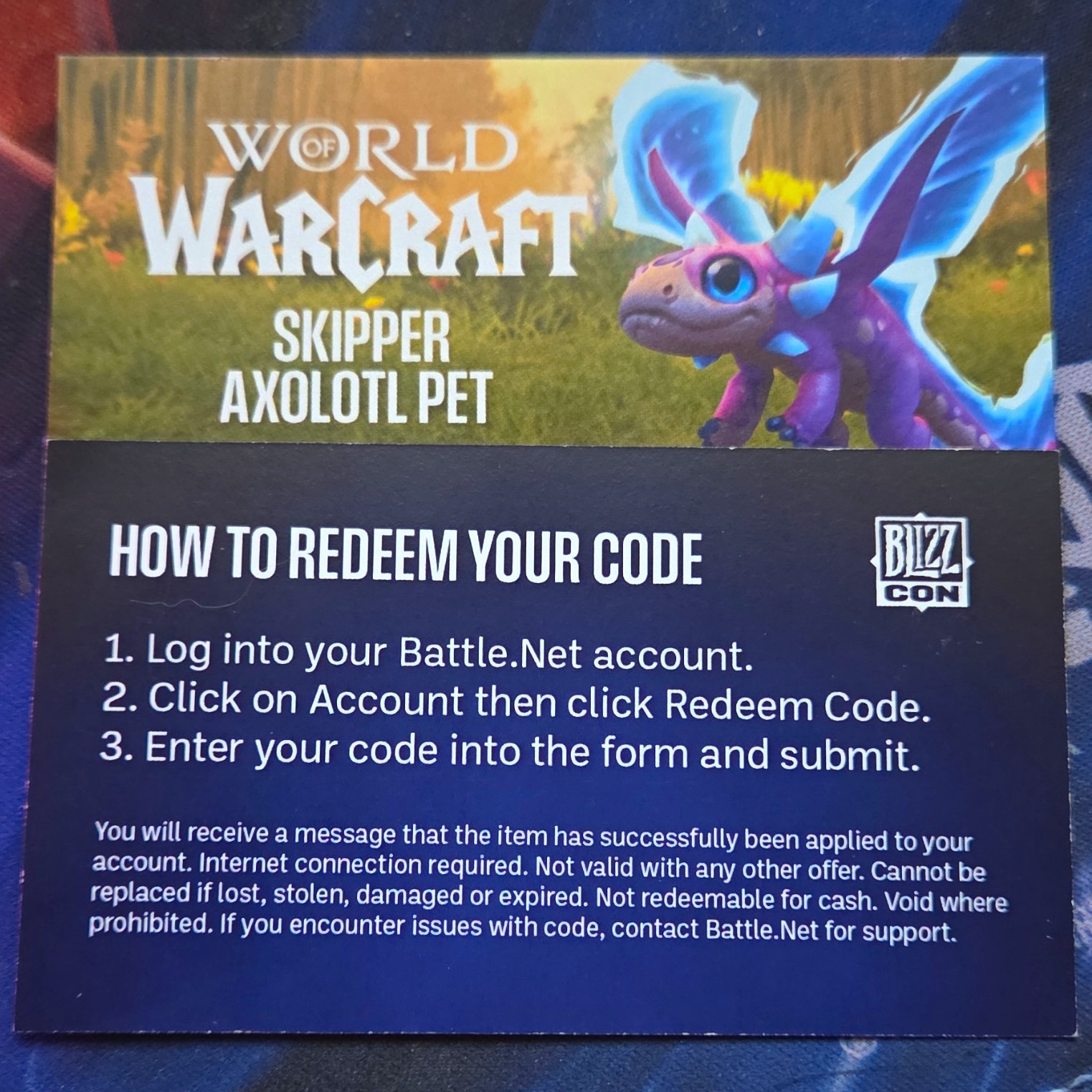 Blizzard World of Warcraft BlizzCon Digital Code Card Skipper Axolotl Pet