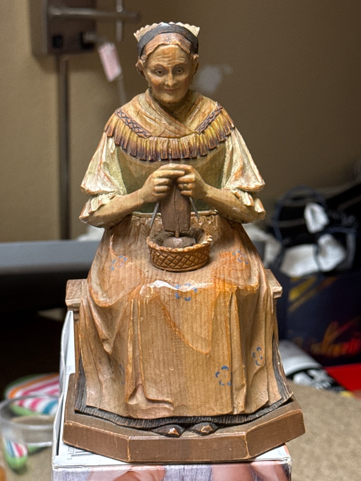 1950s Hand-Carved Seated Woman Knitting wood sculpture