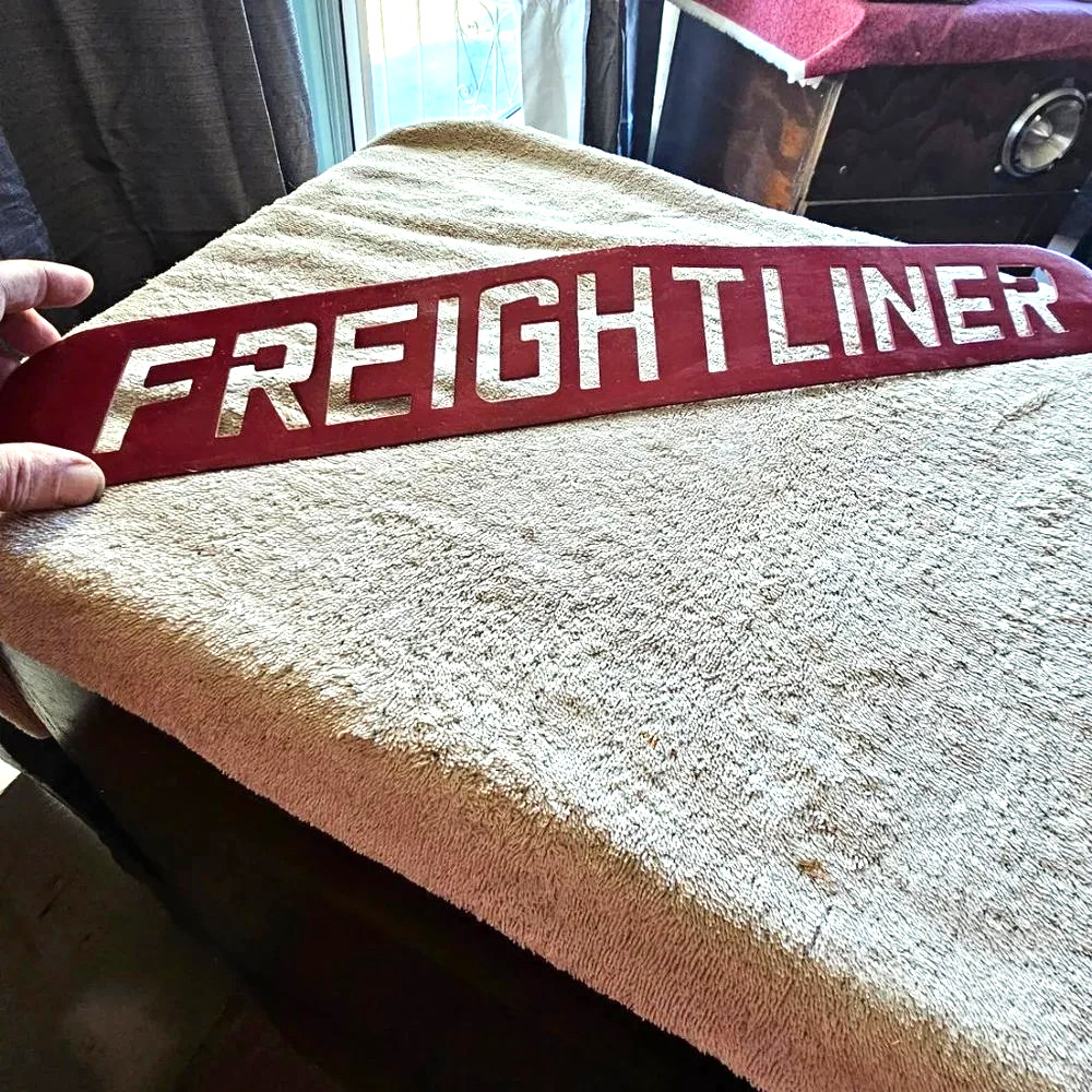 Large vintage White Freightliner Emblem Plaque Metal Semi Truck Name Plate