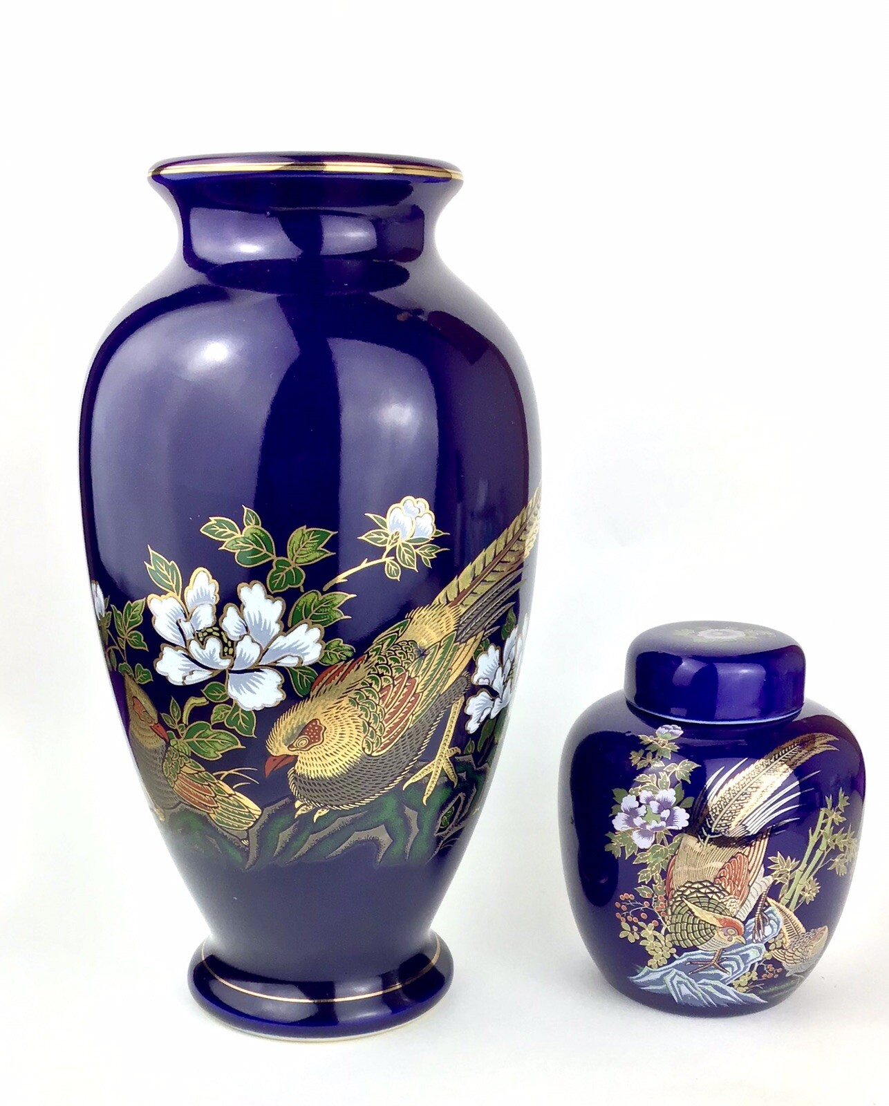 Asian Enameled Cobalt Blue Vase and Tea Jar Each With Pheasant and Blossoms 1 ea