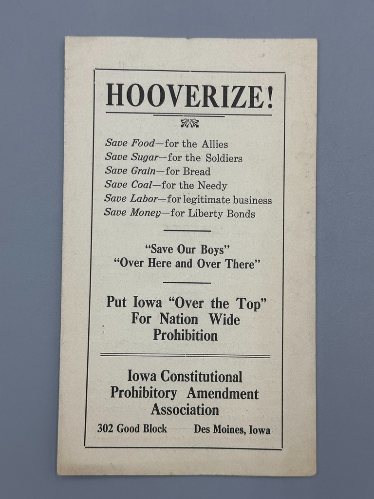 1918 WWI Iowa PROHIBITION Propaganda Flyer Hooverize 18th Amendment History