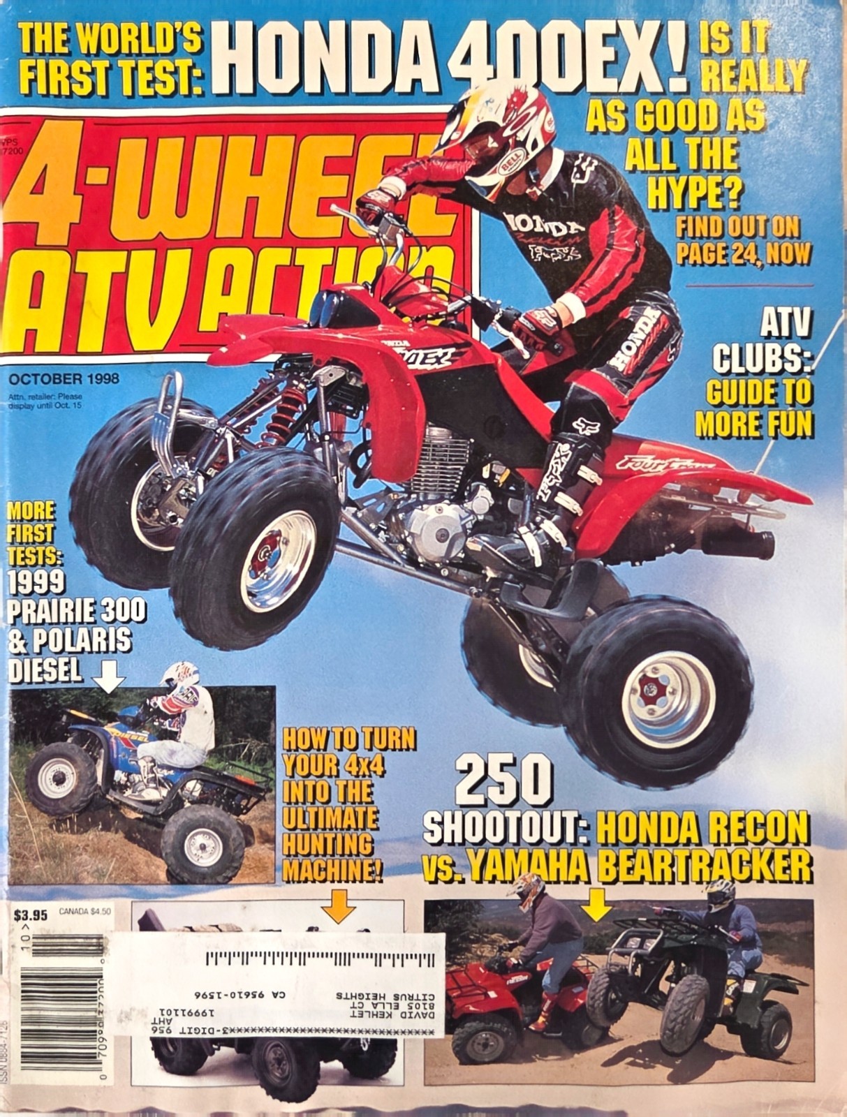 Vintage Oct 1998 4-Wheel Action ATV Magazine 400EX TRX250R Recon Beartracker