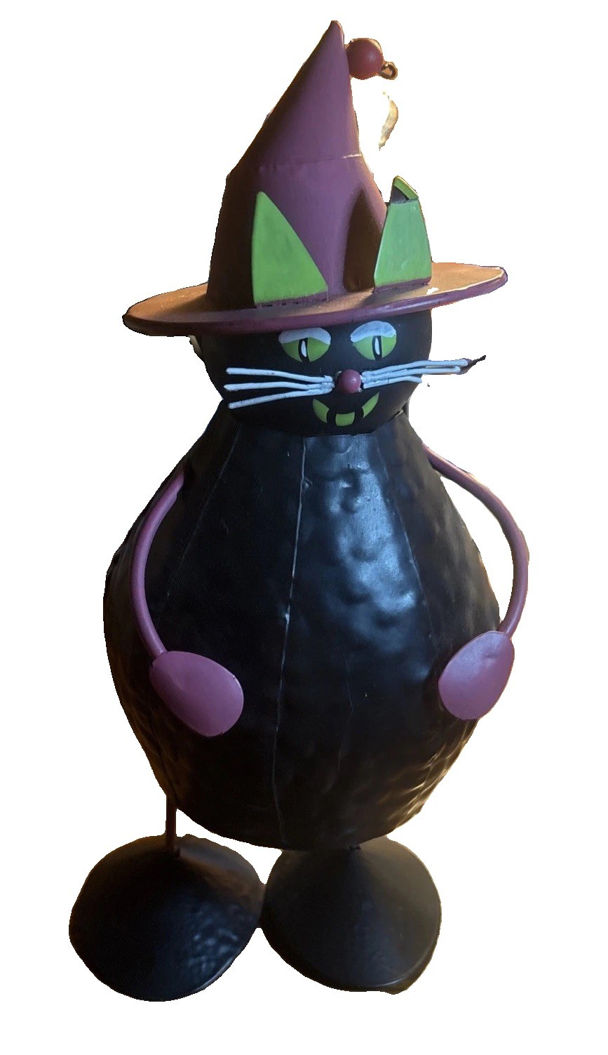 Halloween Bobble Body Black Cat Witch Metal Figurine Pink Hat Folk Art Decor 10”