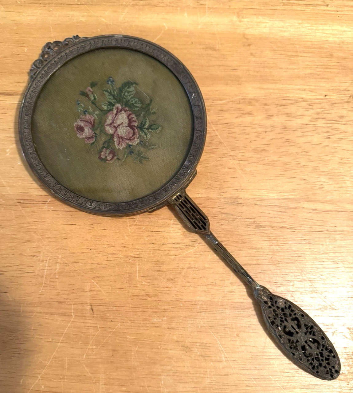 Antique Handheld Vanity Mirror Petit Point Roses Ornate Open Filigree Metal