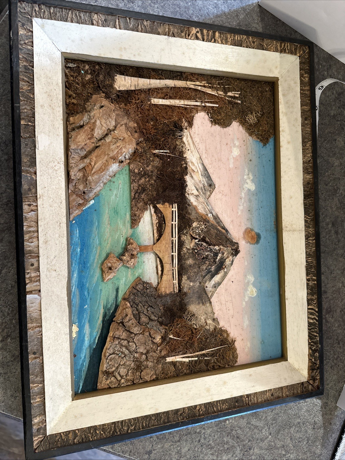 Vintage Japan 3D Bark Art Shadow Box Mt Fuji Landscape Diorama Made in Japan