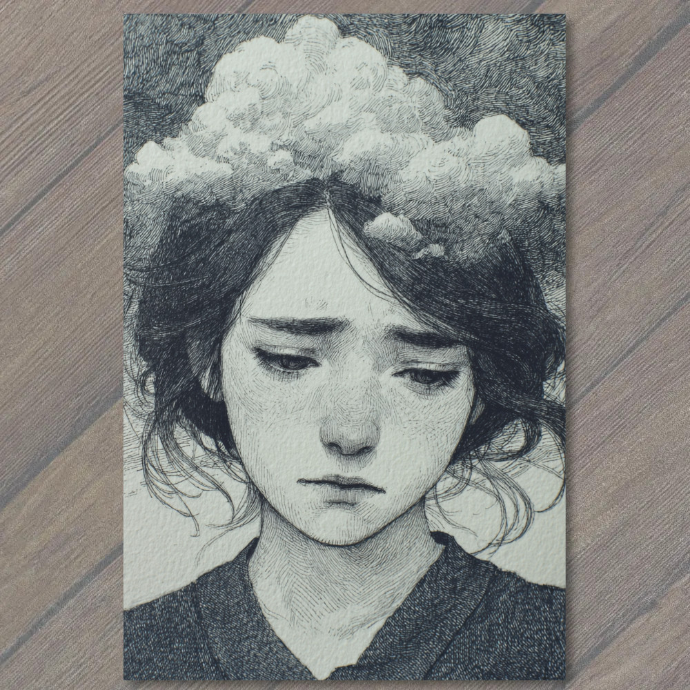 POSTCARD Melancholy Girl Cloud Hair Pencil Drawing Poetic Sad Surreal Style